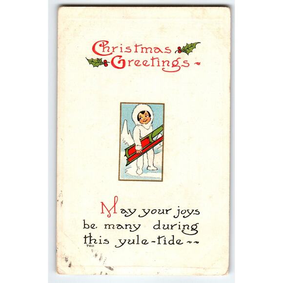 Vintage Christmas Greetings Postcard Eskimo Child with Sled 1912 - Picture 1 of 2
